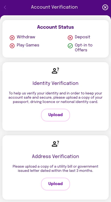 Account verification status screen showing KYC cards