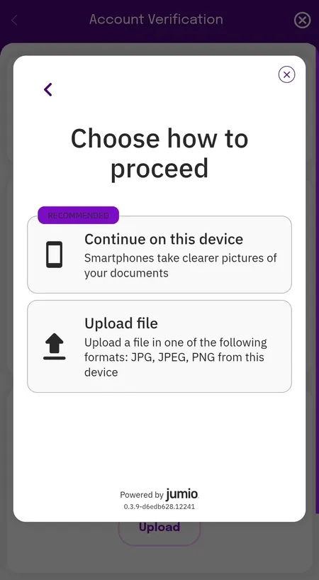 Jumio KYC screen - choose device camera or file upload