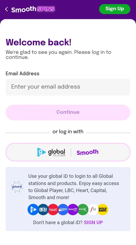 Smooth Spins login screen with email and Global iD options