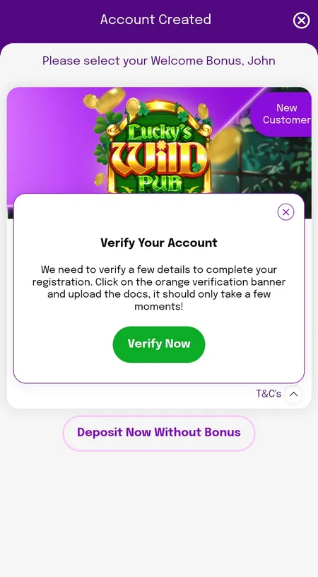 Post-registration screen showing welcome bonus and verification prompt
