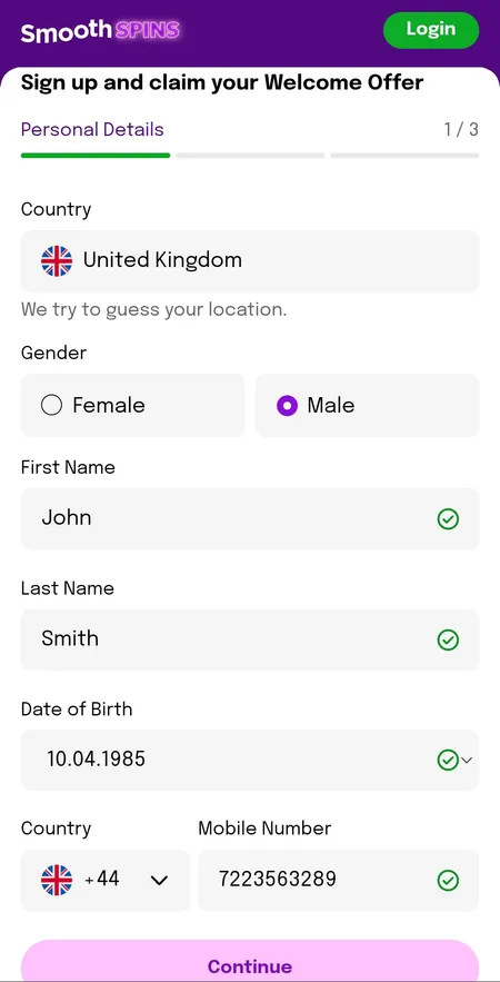 Filled step 1 registration form on mobile