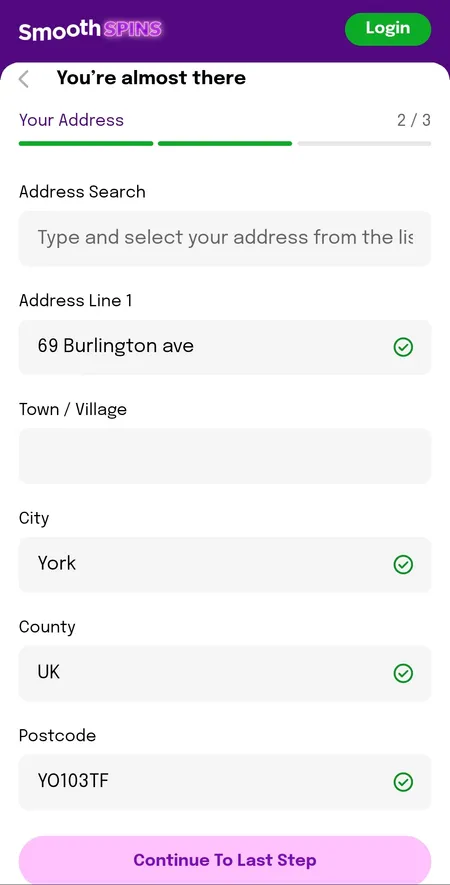 Step 2 registration form - address entry